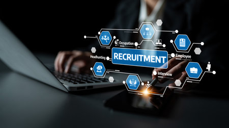 Innovative digital recruitment concept showcasing virtual icons related to job search and hiring, emphasizing technology role in human resource management and employee engagement. Tesselの写真素材