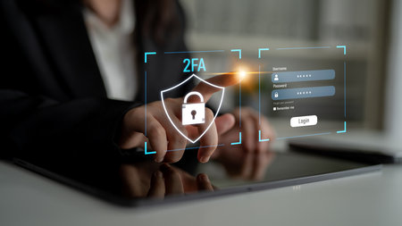 Two-factor authentication strengthens login system security. Adds protection, two-factor authentication increases privacy, and two-factor authentication prevents access breaches.の写真素材