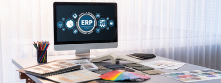 Interior designer workspace table and architecture software on laptop screen with mood board materials and colorful swatch color for color selection. Modern interior design office. Insightの写真素材