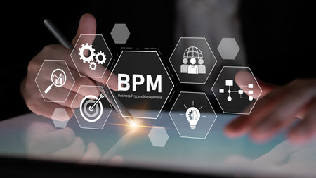 Business Process Management concept showing workflow analysis, process optimization, team collaboration, automation, and performance improvementの写真素材