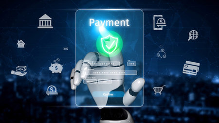 Secure online payment, safe e-commerce transactions, digital payment solutions, online financial security, and electronic payment systems ensuring smooth business continuity.の写真素材