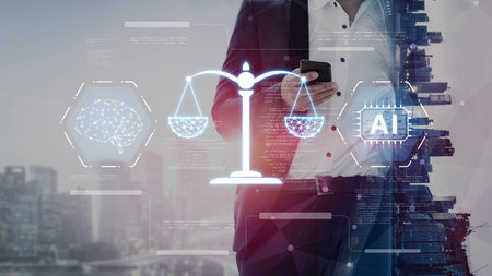 AI is transforming society, raising important ethics questions. Ethics in AI design ensures fairness. AI ethics promote responsible decisions. Balancing AI power with strong ethics is essential.の写真素材