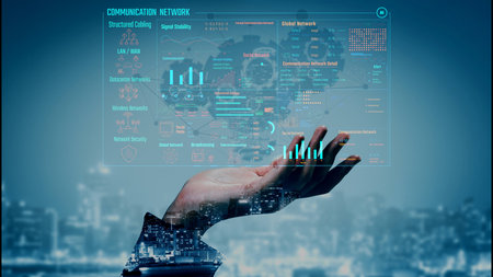 Data center monitoring dashboard visualize network performance, connection status, usage rate, and...
