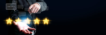 Business person analyzes customer experience satisfaction review data, striving to improve service...