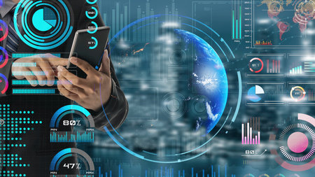 High-tech global network connection interface showing worldwide digital communication, data...