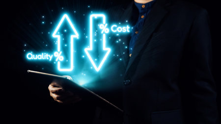 A business professional holding a tablet evaluates quality and cost metrics represented by glowing...