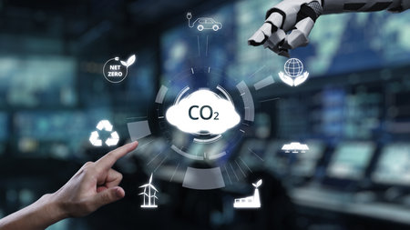 A robotic hand reaches out to connect with a human finger in a digital space filled with eco-friendly icons, symbolizing innovation in carbon management and sustainable technology.の写真素材