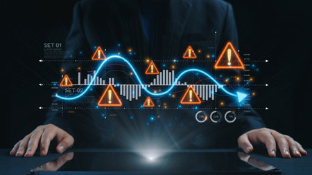 Economic caution visual showing risk alerts and financial volatility. Warning signs highlight...