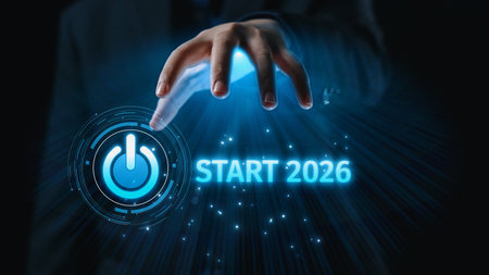 Start 2025 concept with futuristic power button symbolizing fresh beginnings, innovation, and digital transformation. New goals and initiative.の写真素材
