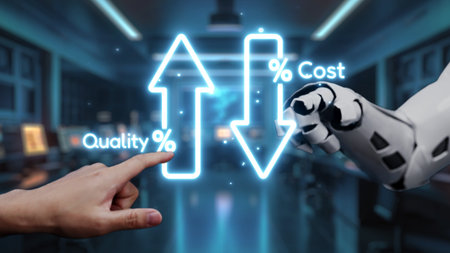 A hand pointing at an upward percentage trend symbolizing quality improvement, alongside a robotic...