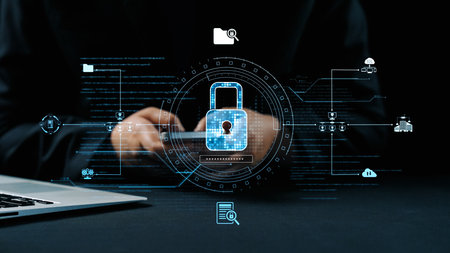 This image showcases a modern cybersecurity concept featuring a digital lock overlay, emphasizing...
