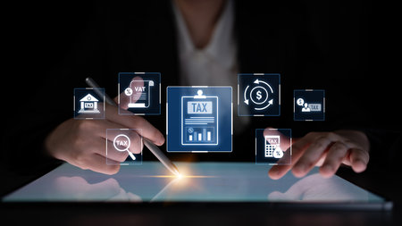 Financial regulation and tax compliance concept showing tax document, VAT, transaction flow, and financial auditing in modern financial systemの写真素材