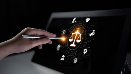 Futuristic digital law interface displaying justice scale, highlighting digital law, AI compliance, digital law systems, and digital law regulations for secure governance.の写真素材
