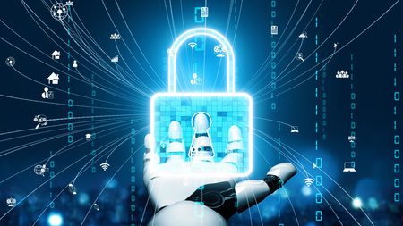 A futuristic robotic hand grips a glowing digital lock, representing a concept of cyber security and...