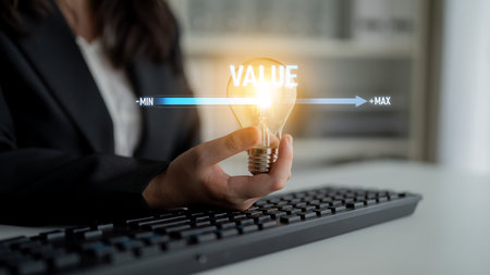 Value measurement and adjustment concept showing value, performance, and optimization level with focus on data analytics, calibration, and improvementの写真素材