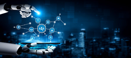 A robotic hand reaches out to interact with floating digital icons in a futuristic cityscape,...