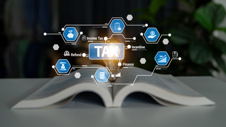Open book symbolizes financial education with digital icons illustrating various tax concepts like refund, income tax, and incentives for informed decision-making. Tesselの写真素材