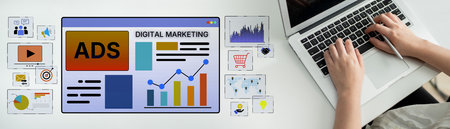 Online ads and digital marketing help brands grow. Content marketing builds engagement. Marketing tools boost ROI. Effective ads and marketing drive online business success.の写真素材