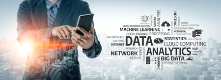 Business professional using tablet amid technology graphics showcasing data analytics, machine learning, and cloud computing concepts in urban setting.の写真素材