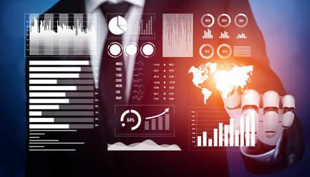 A businessman interacts with a futuristic digital interface displaying various graphs, charts, and data visualizations, emphasizing modern technology in business. Imputeの写真素材