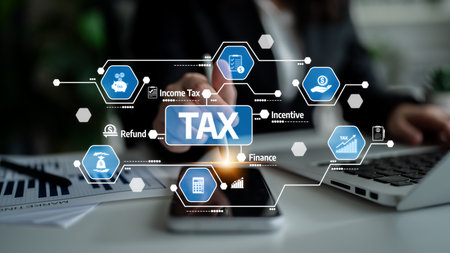 Visual representation of tax-related concepts featuring icons and a smartphone, highlighting the importance of finance and incentives in a modern business environment. Tesselの写真素材