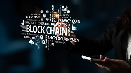 Engaging visual representation of blockchain technology featuring key terms like cryptocurrency,...