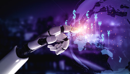 AI artificial intelligence facilitates secure global money exchange with smart fintech systems,...