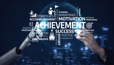A captivating digital illustration featuring a robotic hand and a human hand, symbolizing the synergy of technology and human ambition in achieving success and growth. Tesselの写真素材