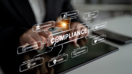 Compliance ensures alignment with standards, laws, and policies. A strong compliance system helps enforce regulation, protect organizations, and improve global compliance transparency.の写真素材