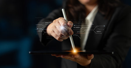 AI artificial intelligence with digital brain and connected data circuit. AI core processes data, AI core drives intelligence, enables connection, and AI core powers smart digital systems.の写真素材