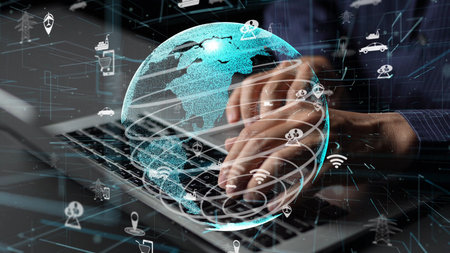 A captivating abstract image of a digital globe with connection icons overlaid on a laptop,...