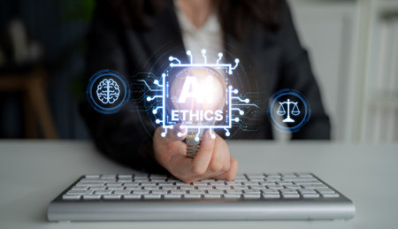 AI is transforming society, raising important ethics questions. Ethics in AI design ensures fairness. AI ethics promote responsible decision. Balancing AI power with strong ethics is essential.の写真素材
