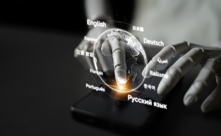 AI artificial intelligence bridges global language communication with multilingual virtual assistants, real-time languages translation, and digital tools for cultural connectivity.の写真素材