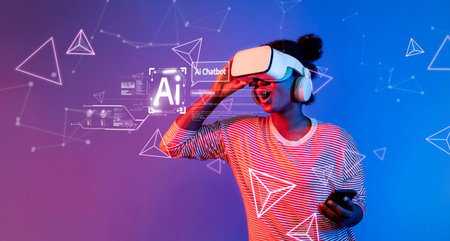 A person immersed in virtual reality exploring chatbot technology, showcasing the synergy of artificial intelligence and machine learning in a modern digital setting.の写真素材