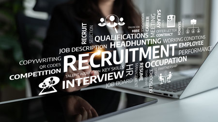 This image features a modern recruitment concept emphasizing interviews, job descriptions, and skills within a digital environment, showcasing professional growth. Tesselの写真素材