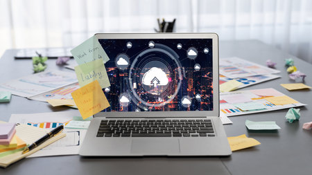 Sticky note for creative and analytic brainstorm for business idea with BI data dashboard on laptop screen. Analysis financial data visualization tech for marketing strategy.の写真素材