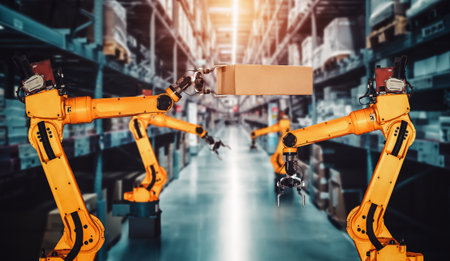 Smart robot arm system for innovative warehouse and factory digital technology . Automation manufacturing robot controlled by industry engineering using IOT software connected to internet network .の写真素材
