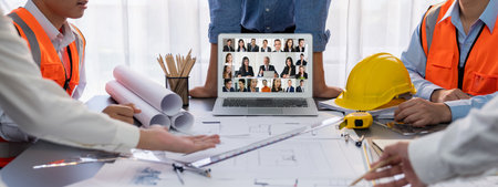 Business people on video conference for brisk virtual group meeting of corporate business office workersの写真素材