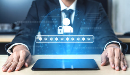 User authentication and password protection concept showing secure login, privacy safeguard, data...