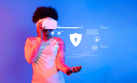 Discover the intersection of virtual reality and cybersecurity as a user engages with immersive technology while prioritizing data privacy and online safety.の写真素材