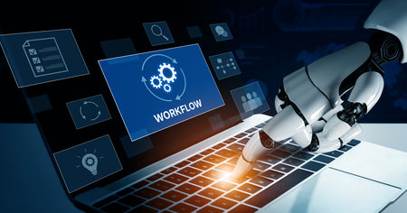 AI streamlines business workflows by automating repetitive tasks, enhancing team coordination, and optimizing structured processes for greater operational efficiency.の写真素材
