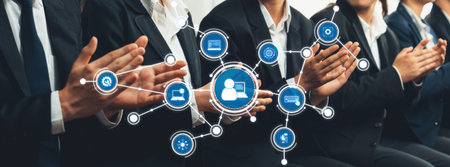 A professional audience applauds during a conference, symbolizing networking and technology integration, showcasing collaboration and connection in a corporate environment.の写真素材