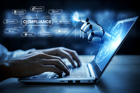 AI ensures compliance with automated policy checks, smart regulation systems, and intelligent auditing to protect organizations and improve transparency. Artificial intelligence splineの写真素材