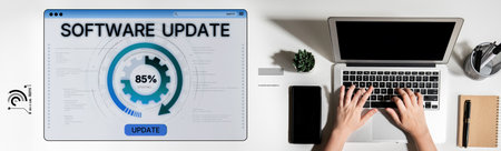 Knowledge upgrade and software update, digital skills improvement, competitive advantage, continuous learning, and staying up to date with latest technology and software trends.の写真素材