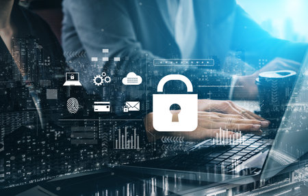 Digital cyber security lock system highlighting data security encryption, cyber password protection,...