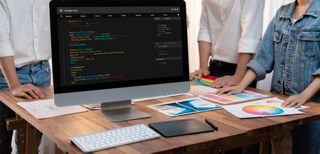 Software development programming on computer screen for application and program codingの写真素材