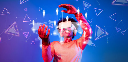 A young individual interacts with virtual reality to explore global connections and networking...