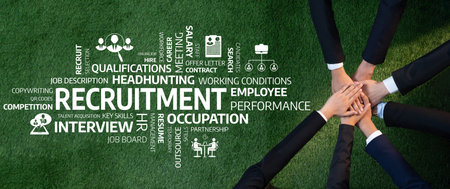 Aerial view of diverse hands coming together, symbolizing teamwork in recruitment, headhunting, and employee performance against a lush green background. Amityの写真素材