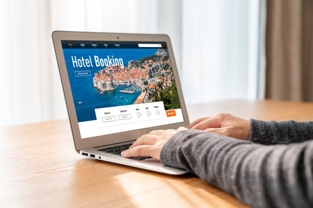 Online hotel accommodation booking website provide modish reservation system . Travel technology concept .の写真素材