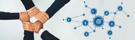 A dynamic visual of hands coming together symbolizing teamwork, complemented by icons representing...